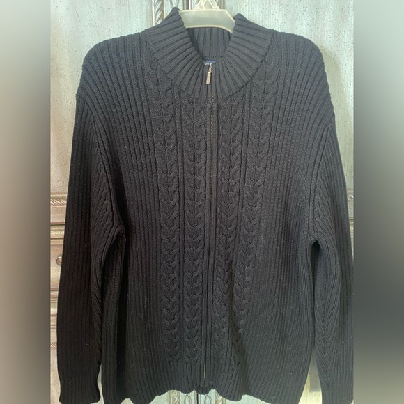 Lands’ End Women’s 100% Cotton Black Cable-Knit Full-Zip Sweater - Picture 2 of 9